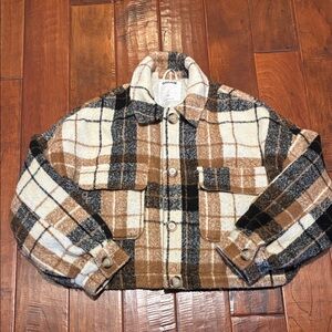 Garage Plaid Button-Up Shacket in Cream, Brown & Black